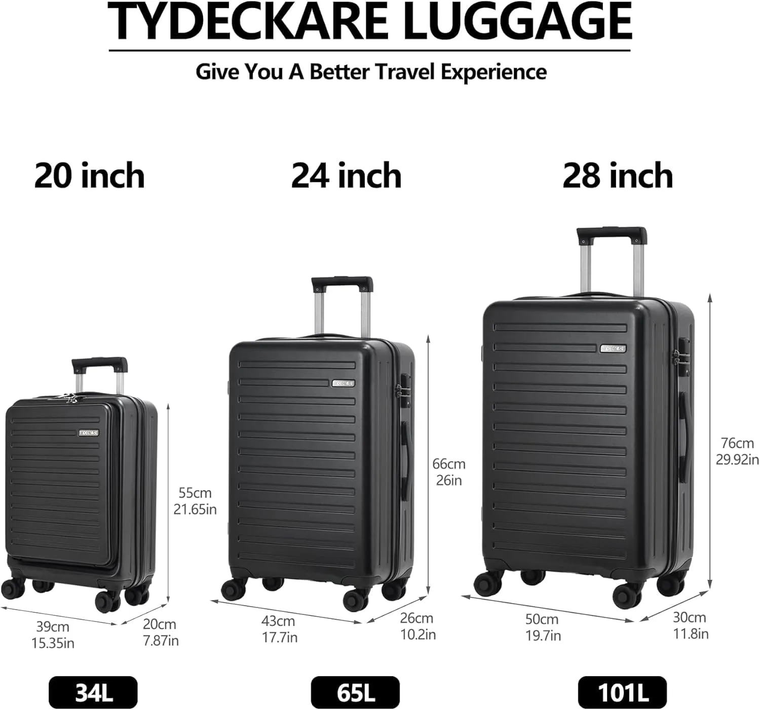 3Pcs (20/24/28) Luggage Set, HardShell Lightweight TSA Lock Only 20" with Front Pocket, 21.65*15.35*7.87" Fits Overhead Cabin, 24" (26*17.7*10.2") and 28" (19.68*11.81*29.92") Checked Luggage, Black