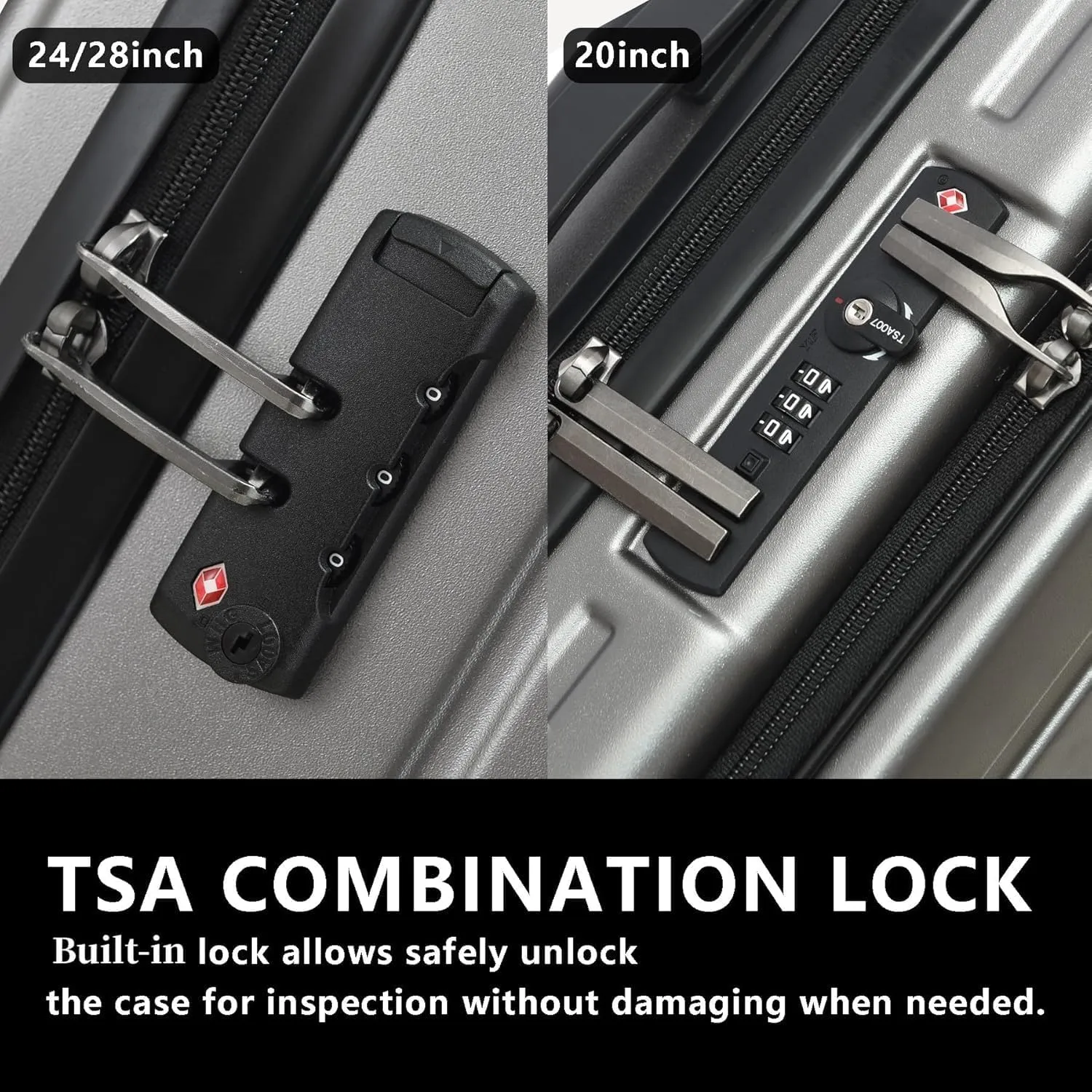 3Pcs (20/24/28) Luggage Set, HardShell Lightweight TSA Lock Only 20" with Front Pocket, 21.65*15.35*7.87" Fits Overhead Cabin, 24" (26*17.7*10.2") and 28" (19.68*11.81*29.92") Checked Luggage, Gray