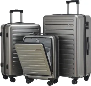3Pcs (20/24/28) Luggage Set, HardShell Lightweight TSA Lock Only 20" with Front Pocket, 21.65*15.35*7.87" Fits Overhead Cabin, 24" (26*17.7*10.2") and 28" (19.68*11.81*29.92") Checked Luggage, Gray