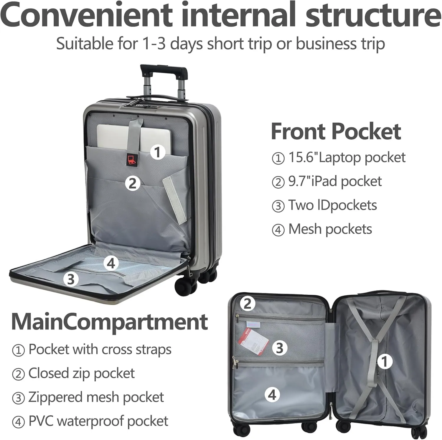 3Pcs (20/24/28) Luggage Set, HardShell Lightweight TSA Lock Only 20" with Front Pocket, 21.65*15.35*7.87" Fits Overhead Cabin, 24" (26*17.7*10.2") and 28" (19.68*11.81*29.92") Checked Luggage, Gray