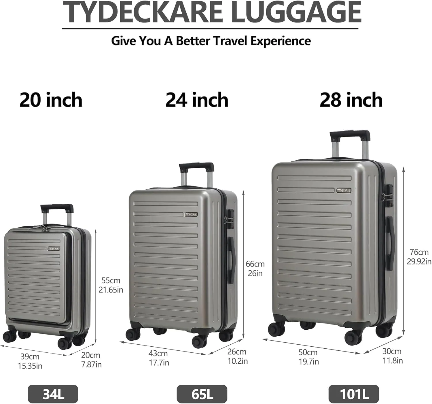 3Pcs (20/24/28) Luggage Set, HardShell Lightweight TSA Lock Only 20" with Front Pocket, 21.65*15.35*7.87" Fits Overhead Cabin, 24" (26*17.7*10.2") and 28" (19.68*11.81*29.92") Checked Luggage, Gray