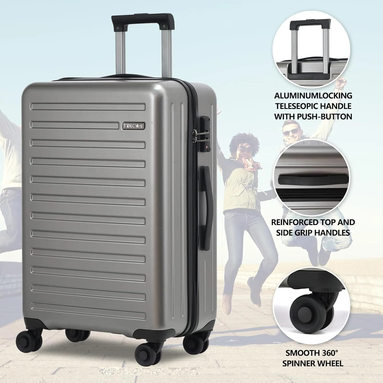 3Pcs (20/24/28) Luggage Set, HardShell Lightweight TSA Lock Only 20" with Front Pocket, 21.65*15.35*7.87" Fits Overhead Cabin, 24" (26*17.7*10.2") and 28" (19.68*11.81*29.92") Checked Luggage, Gray