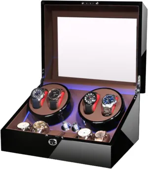 4 Automatic Watch Winder with 6 Storage Case, Wood Shell Piano Paint Exterior and Extremely Silent Motor, Built-in Illumination Watch RotatorWatch Winding Case