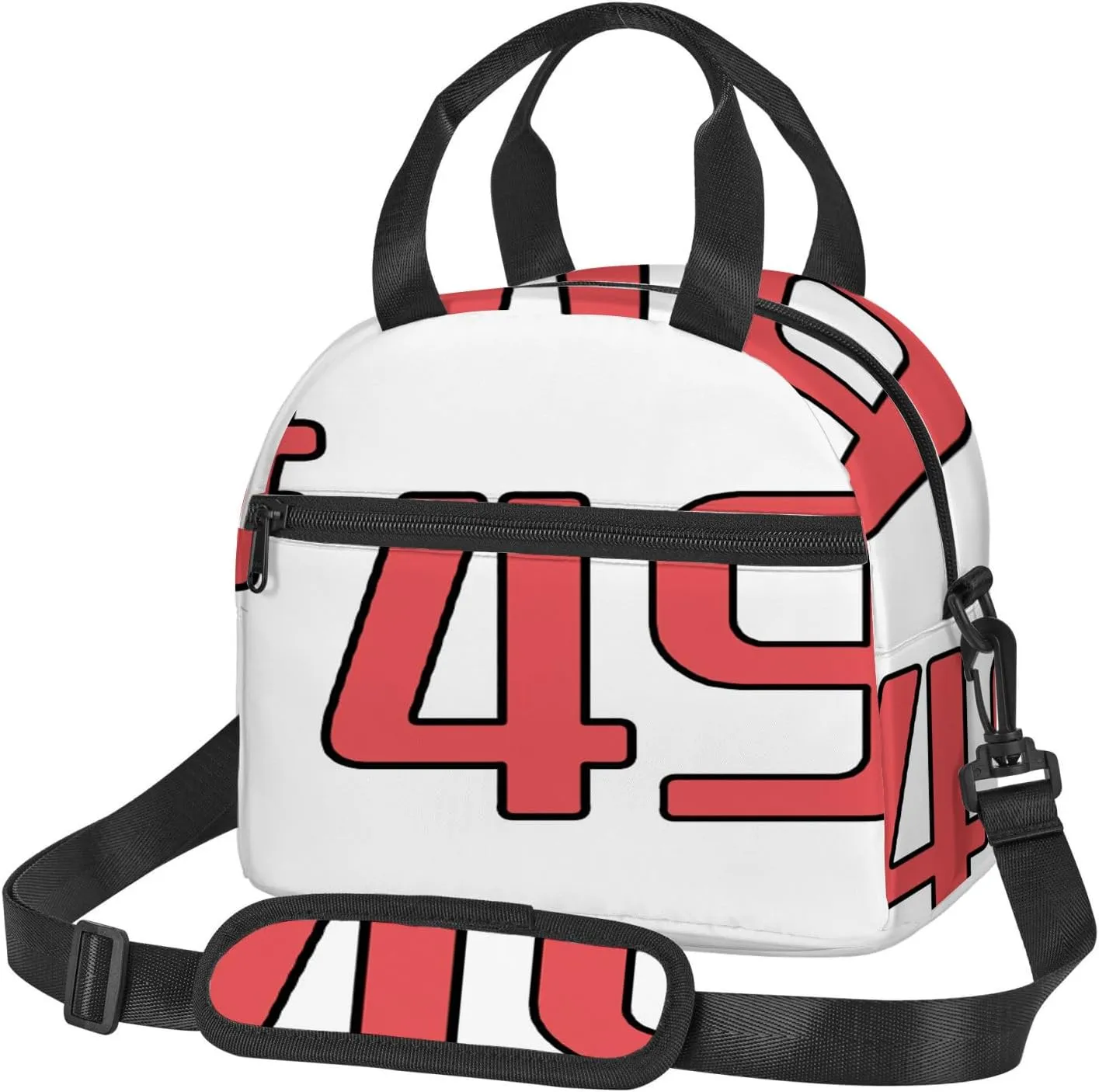 #49 Design,Insulated Reusable Lunch Bag with Adjustable Shoulder Strap for Adults,Team Number 49,Leakproof Office Picnic Hiking Beach Tote Bag,Red and Black,9x5x7.8in