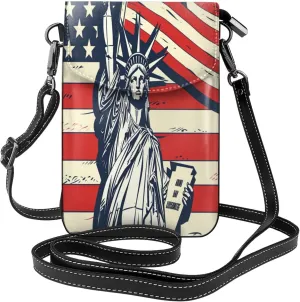 4th Of July American Flag Leather Crossbody Bag For Women, Statue Liberty Small Cell Phone Purse Mini Shoulder Phone Bag Wallet Pouch