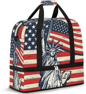 4th Of July American Flag Travel Duffel Bag for Women Men, Statue Liberty Sports Gym Bag with Shoes Compartment Foldable Overnight Bag Weekender Tote Workout Carry On Luggage Bag
