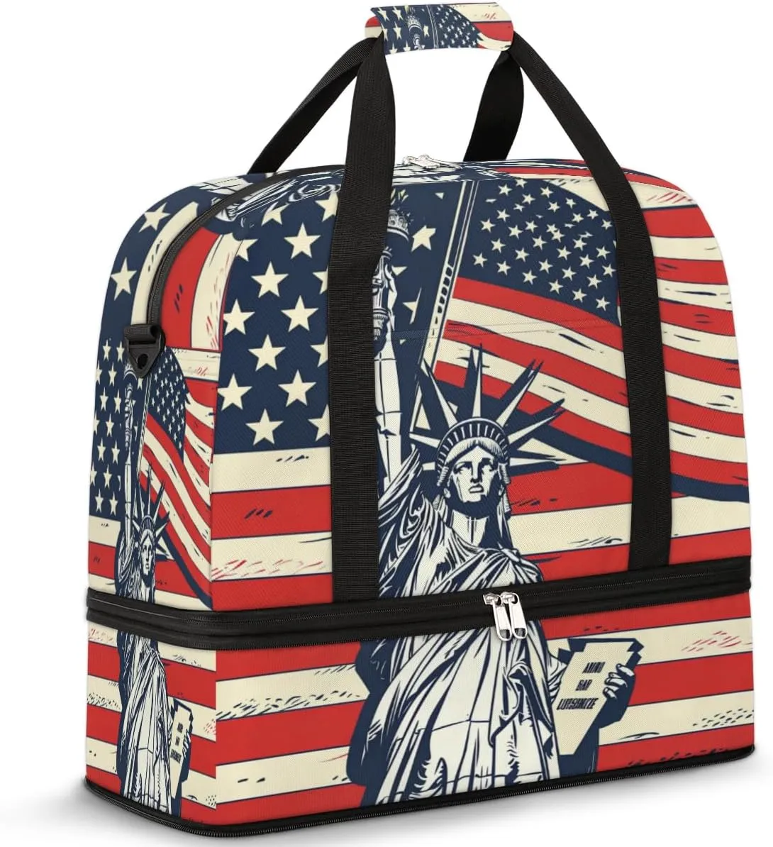 4th Of July American Flag Travel Duffel Bag for Women Men, Statue Liberty Sports Gym Bag with Shoes Compartment Foldable Overnight Bag Weekender Tote Workout Carry On Luggage Bag