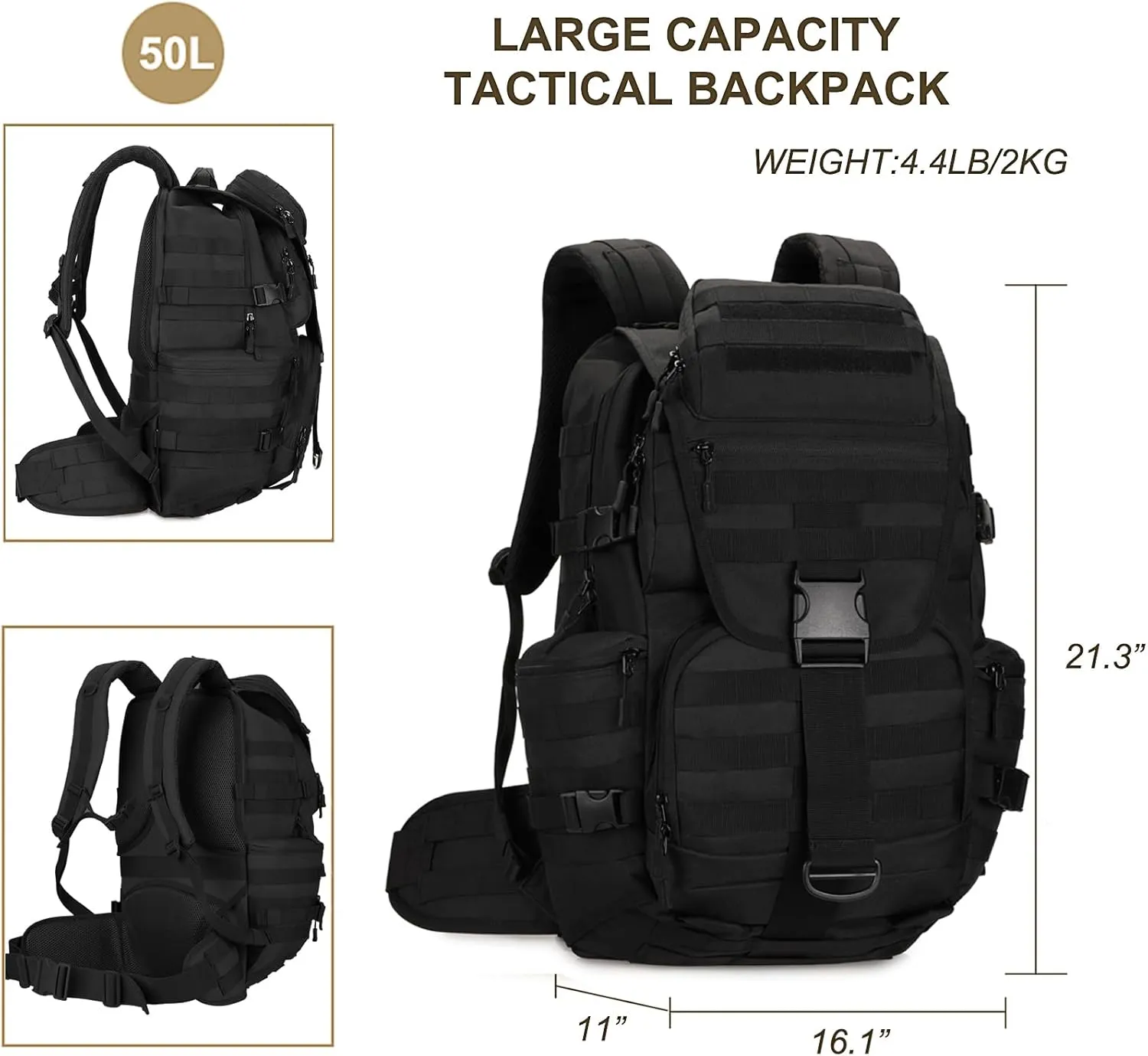 50L Military Tactical Backpack Molle Rucksack Large Army 3 Day Assault Pack Heavy Duty Backpack for Men (Black)