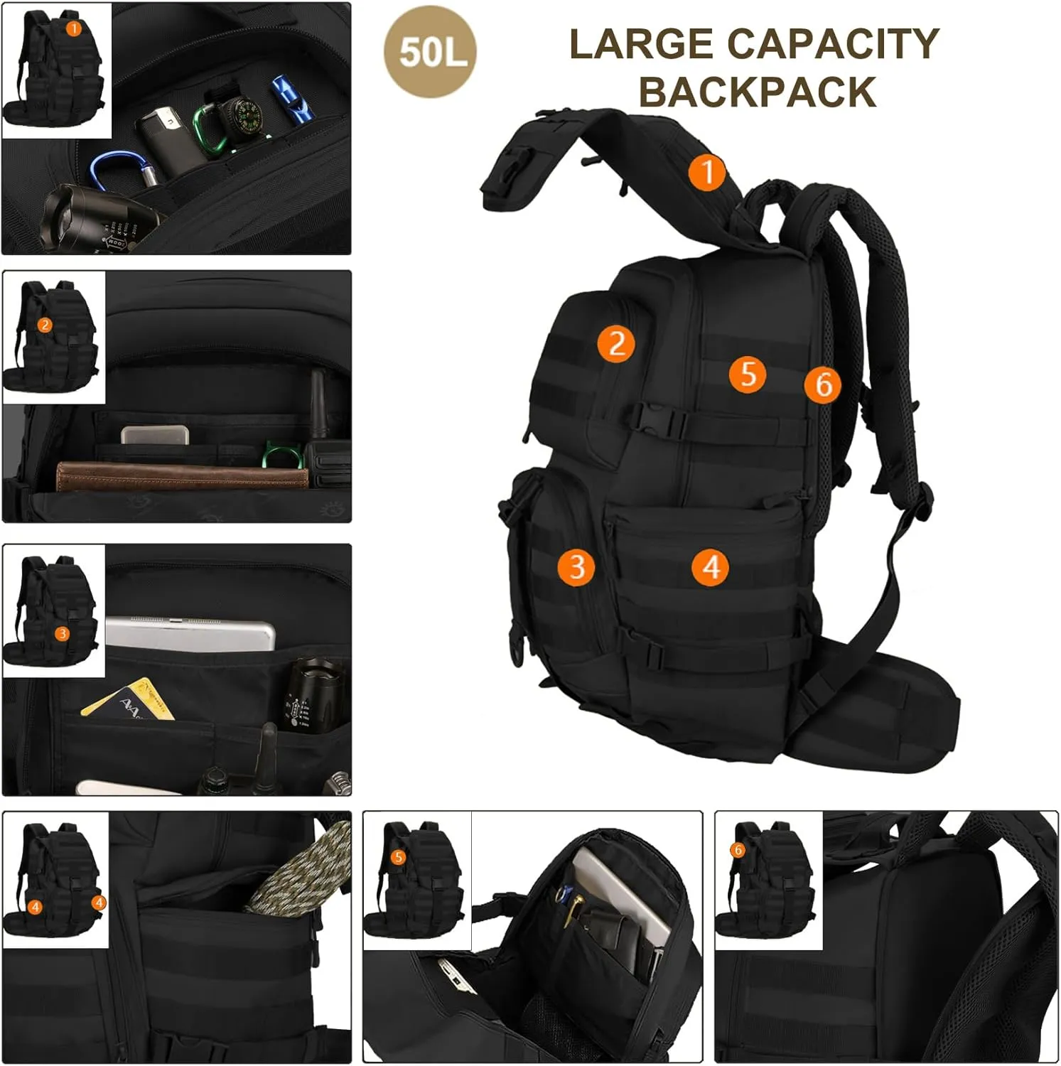 50L Military Tactical Backpack Molle Rucksack Large Army 3 Day Assault Pack Heavy Duty Backpack for Men (Black)