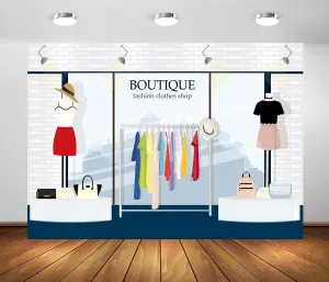 5x3ft Fabric Cartoon Clothing Store Backdrop Ladies Boutique Shopping Mall Window Dress Handbag Photography Background for Sweet Girl Lady Birthday Party Decorations Photo Studio Props