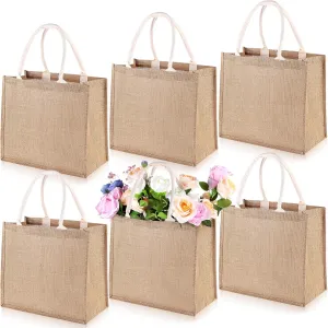 6 Pack Large Jute Burlap Tote Bag, Jute Beach Bag with Laminated Interior, Burlap Gift Tote with Handle, Reusable Lined Market Grocery Shopping Bag