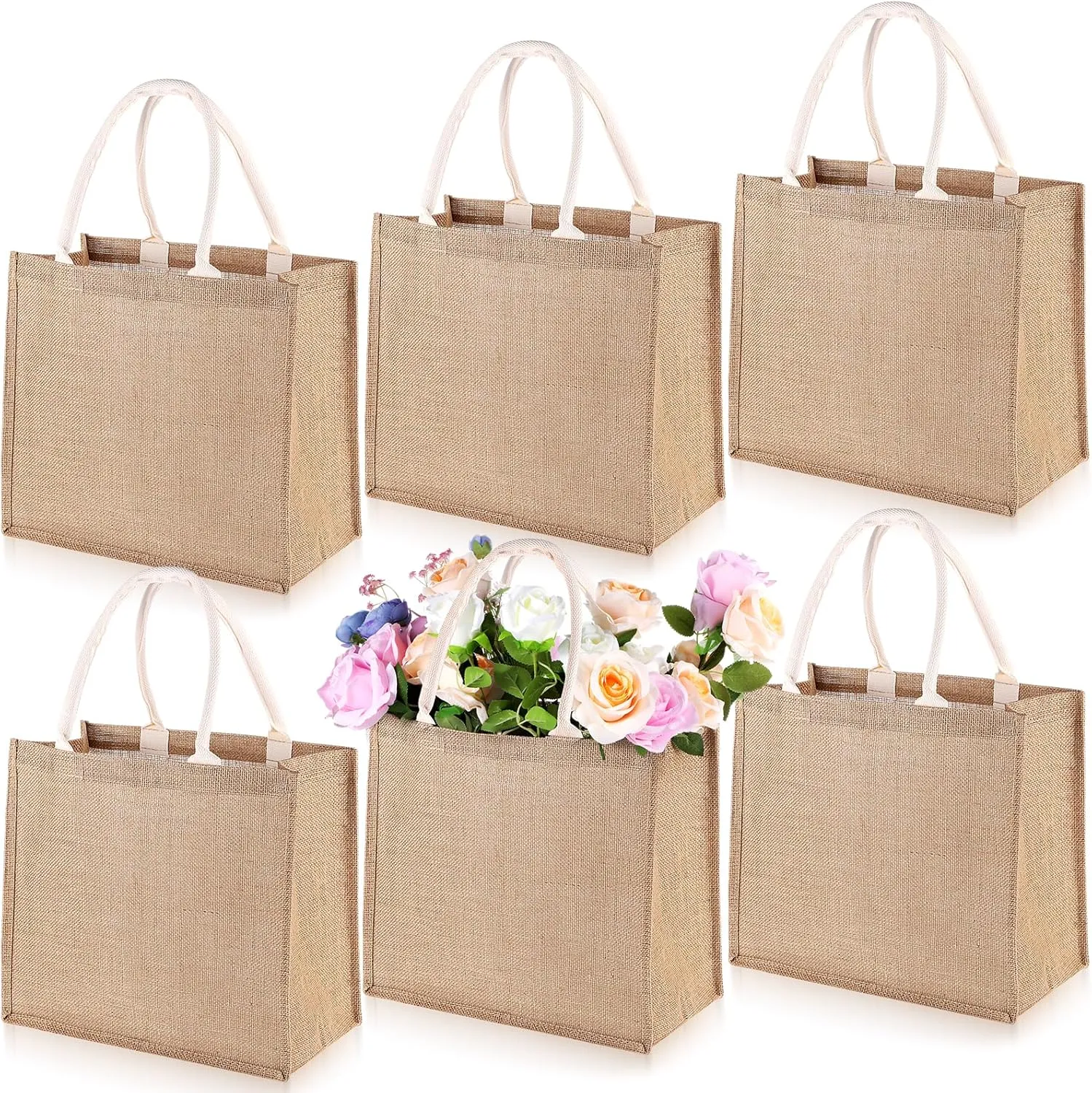 6 Pack Large Jute Burlap Tote Bag, Jute Beach Bag with Laminated Interior, Burlap Gift Tote with Handle, Reusable Lined Market Grocery Shopping Bag