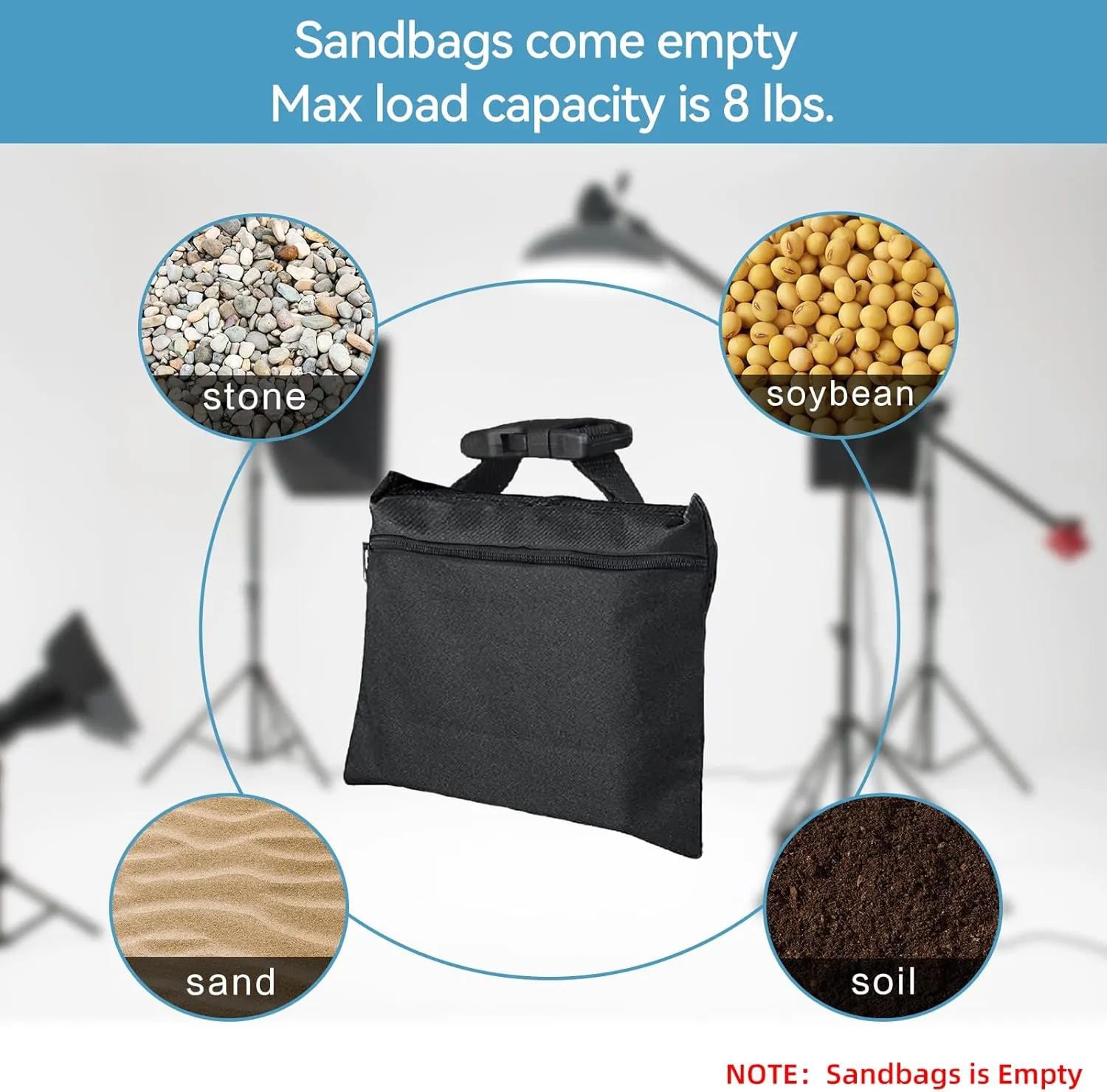 6 Packs Sand Bags - Heavy Duty SandBags for Backdrop Stand, SandBag for Weight, Weight Sand Bags with Zipper and Buckle Straps for Support Light Stand