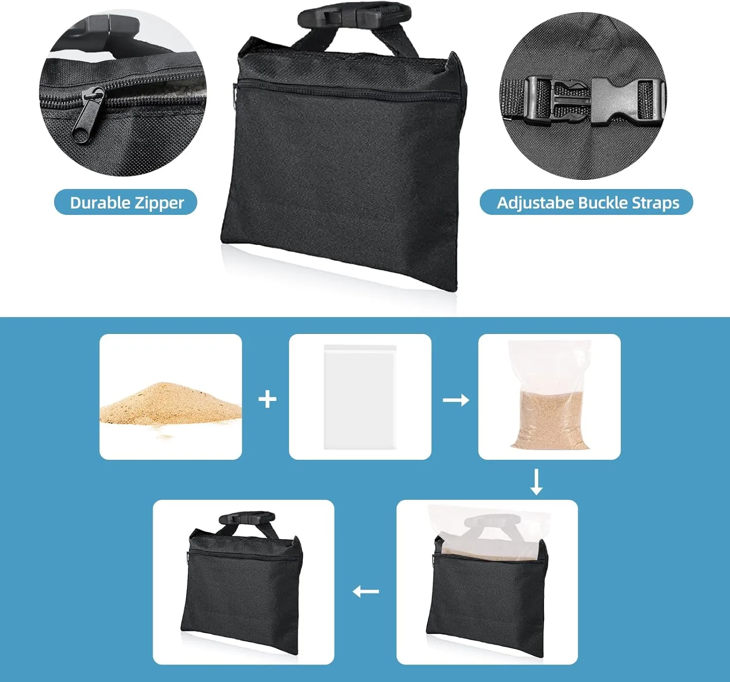 6 Packs Sand Bags - Heavy Duty SandBags for Backdrop Stand, SandBag for Weight, Weight Sand Bags with Zipper and Buckle Straps for Support Light Stand