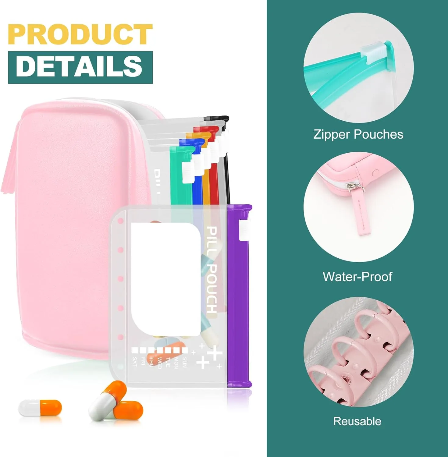 A7-L Timueetech Water-Proof Pill Pouch Set, BPA Free, A7-L Pill Loose-Leaf Storage with Color-Coded Medicine Pouches, Large Reusable Travel Medicine Organizer， Zippered Pill Organizers Weekly