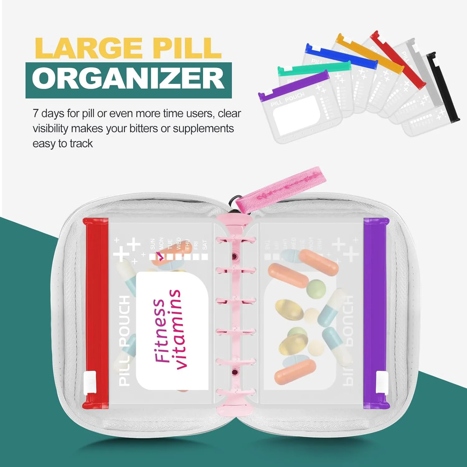 A7-L Timueetech Water-Proof Pill Pouch Set, BPA Free, A7-L Pill Loose-Leaf Storage with Color-Coded Medicine Pouches, Large Reusable Travel Medicine Organizer， Zippered Pill Organizers Weekly