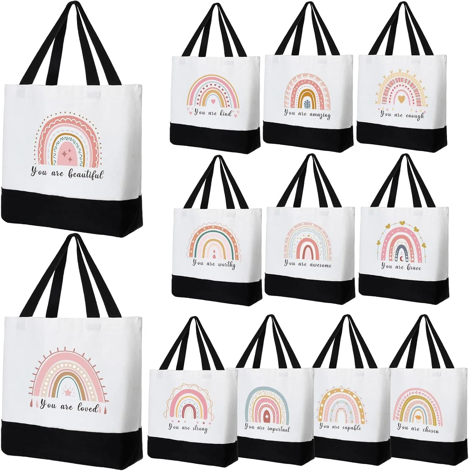 Abbylike 12 Pcs Inspirational Canvas Tote Bags Bulk End of Year Gifts Rainbow Tote Bags Motivational Quotes Appreciation Gifts for Teacher Employee Coworker Women BFF