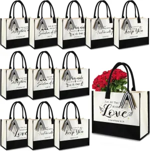 Abbylike Christian Canvas Tote Bag - 12 Pcs Bulk Bible Bride Religious Beach Totes With Handle, Verse Initial Classic Grocery Bag for Women Travel