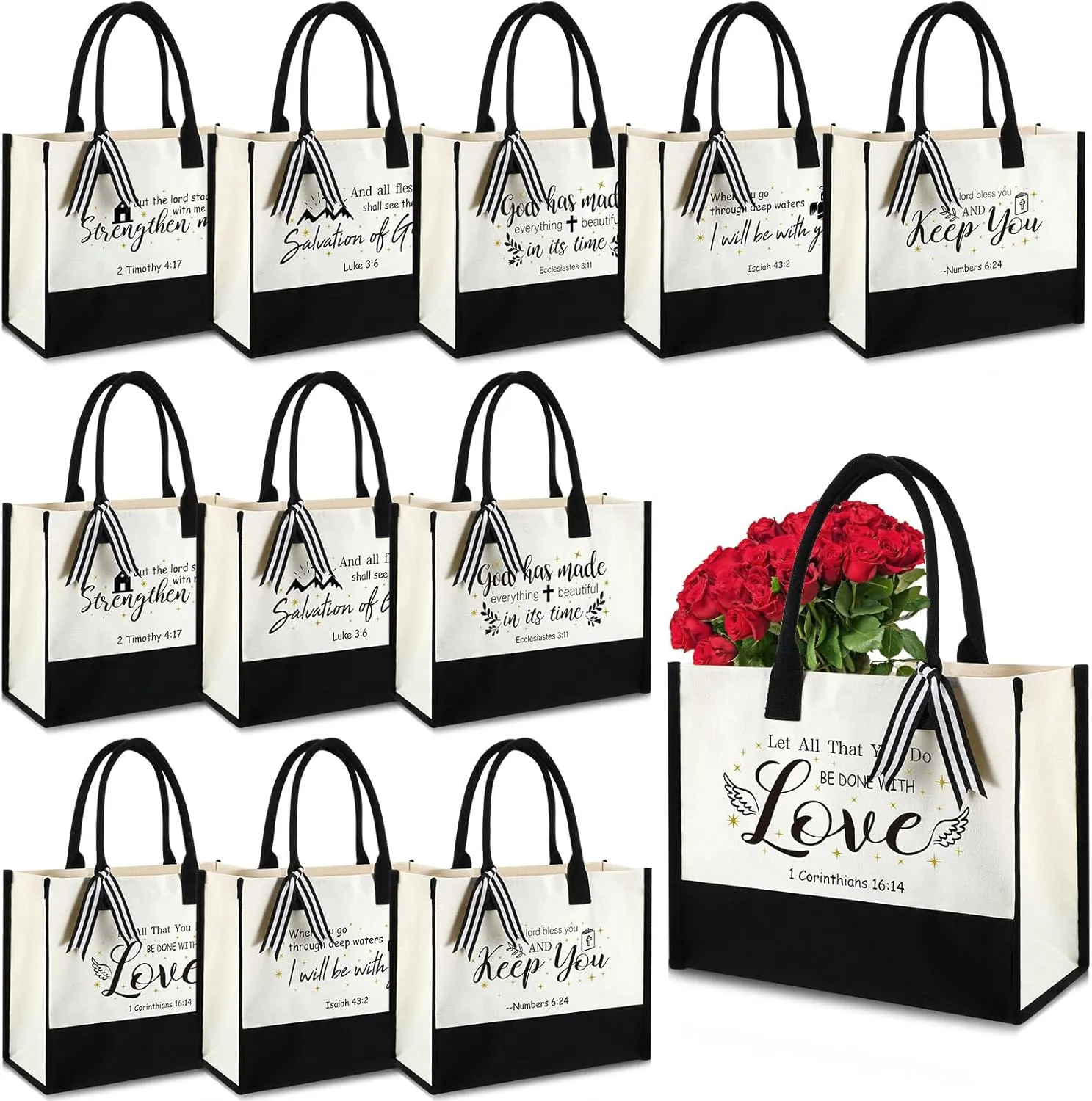 Abbylike Christian Canvas Tote Bag - 12 Pcs Bulk Bible Bride Religious Beach Totes With Handle, Verse Initial Classic Grocery Bag for Women Travel