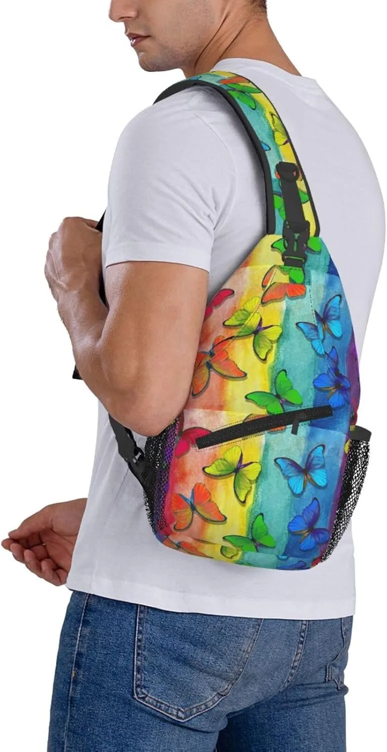 Abstract Multicolored Morpho Colors Rainbow Butterflies Chest Sling Bag Crossbody Shoulder Backpack Bag Gym Cycling Daypack Travel Hiking Cross Bag