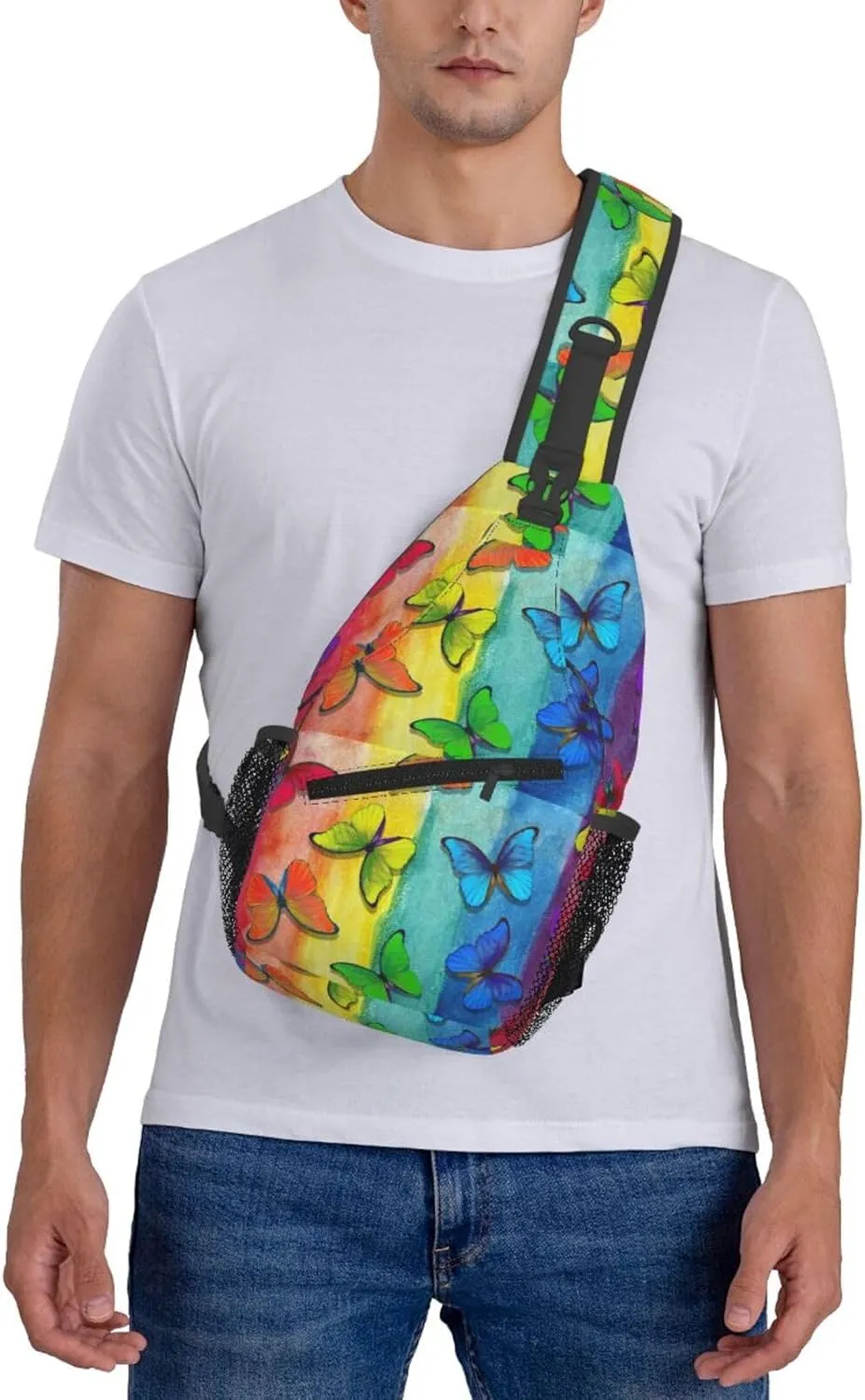 Abstract Multicolored Morpho Colors Rainbow Butterflies Chest Sling Bag Crossbody Shoulder Backpack Bag Gym Cycling Daypack Travel Hiking Cross Bag