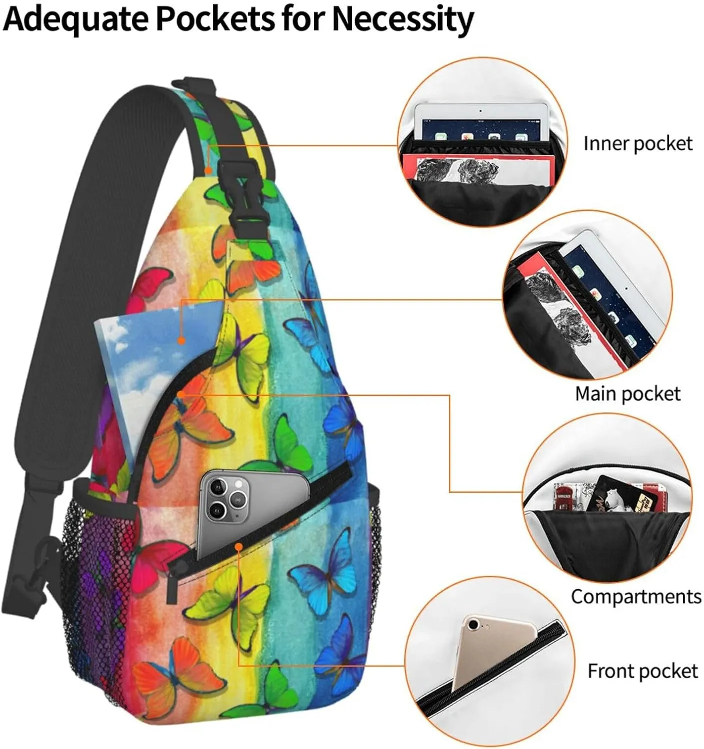 Abstract Multicolored Morpho Colors Rainbow Butterflies Chest Sling Bag Crossbody Shoulder Backpack Bag Gym Cycling Daypack Travel Hiking Cross Bag