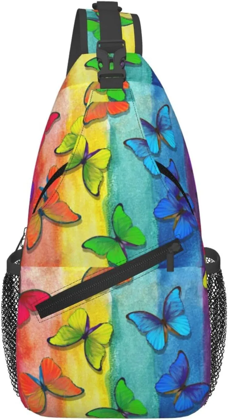 Abstract Multicolored Morpho Colors Rainbow Butterflies Chest Sling Bag Crossbody Shoulder Backpack Bag Gym Cycling Daypack Travel Hiking Cross Bag