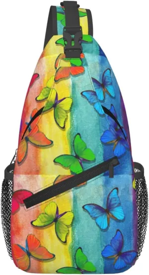 Abstract Multicolored Morpho Colors Rainbow Butterflies Chest Sling Bag Crossbody Shoulder Backpack Bag Gym Cycling Daypack Travel Hiking Cross Bag