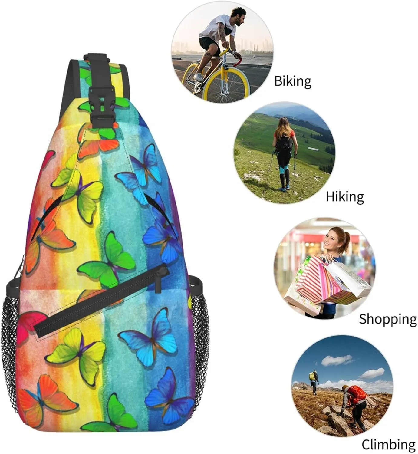 Abstract Multicolored Morpho Colors Rainbow Butterflies Chest Sling Bag Crossbody Shoulder Backpack Bag Gym Cycling Daypack Travel Hiking Cross Bag