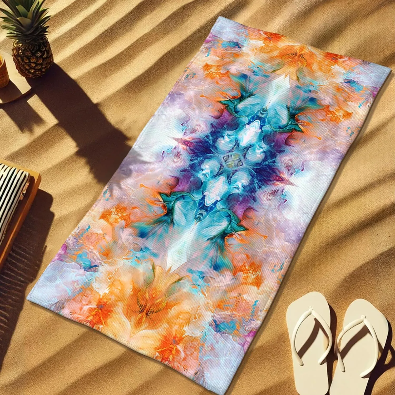 Abstract Watercolor Beach Towel Vibrant Multi-Colored Ocean Wave Towel, Quick Dry Lightweight Sand Free Bath Towel, Beach Pool Picnic Essentials Outdoor Travel 62x31 Inch