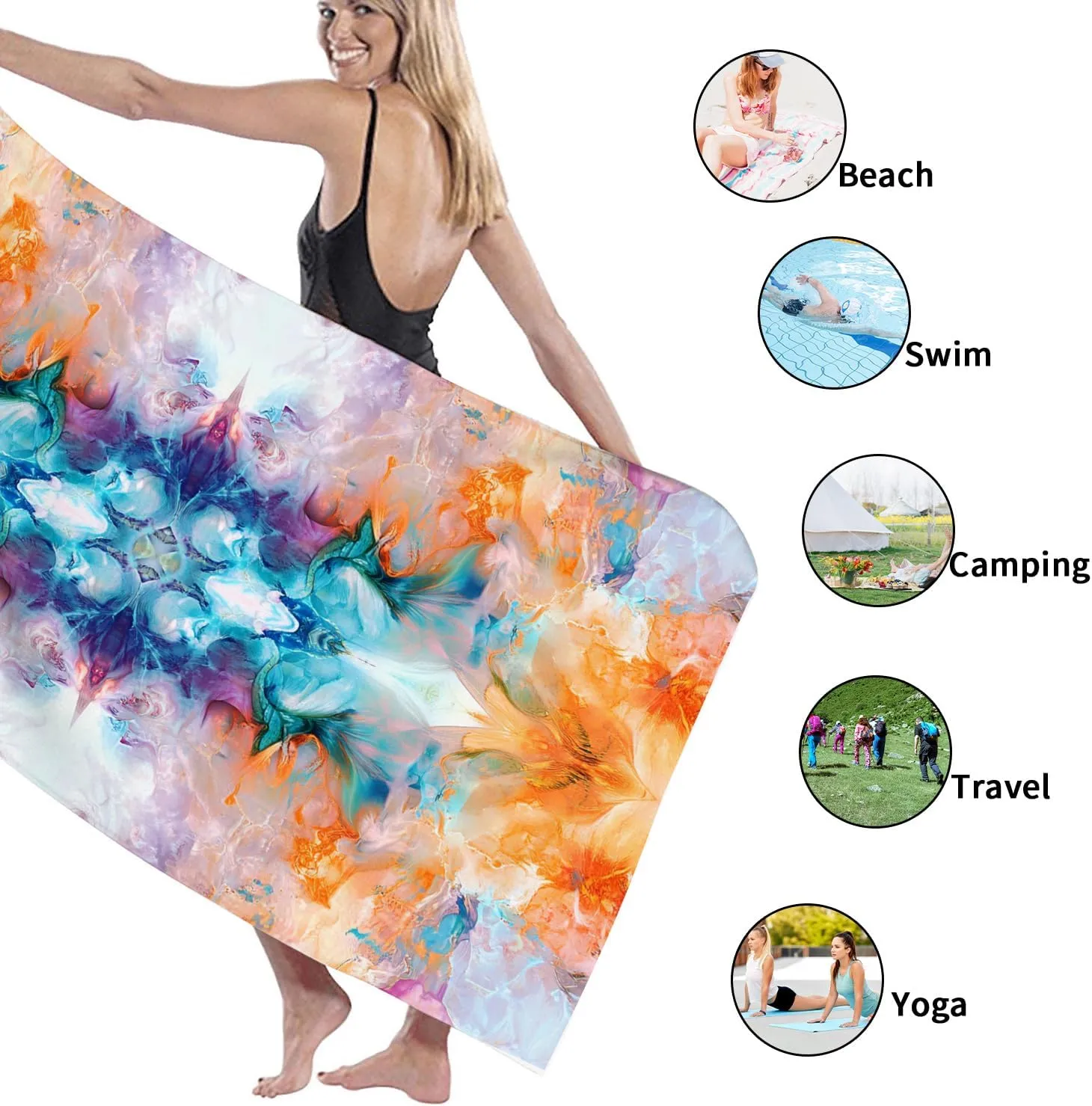 Abstract Watercolor Beach Towel Vibrant Multi-Colored Ocean Wave Towel, Quick Dry Lightweight Sand Free Bath Towel, Beach Pool Picnic Essentials Outdoor Travel 62x31 Inch