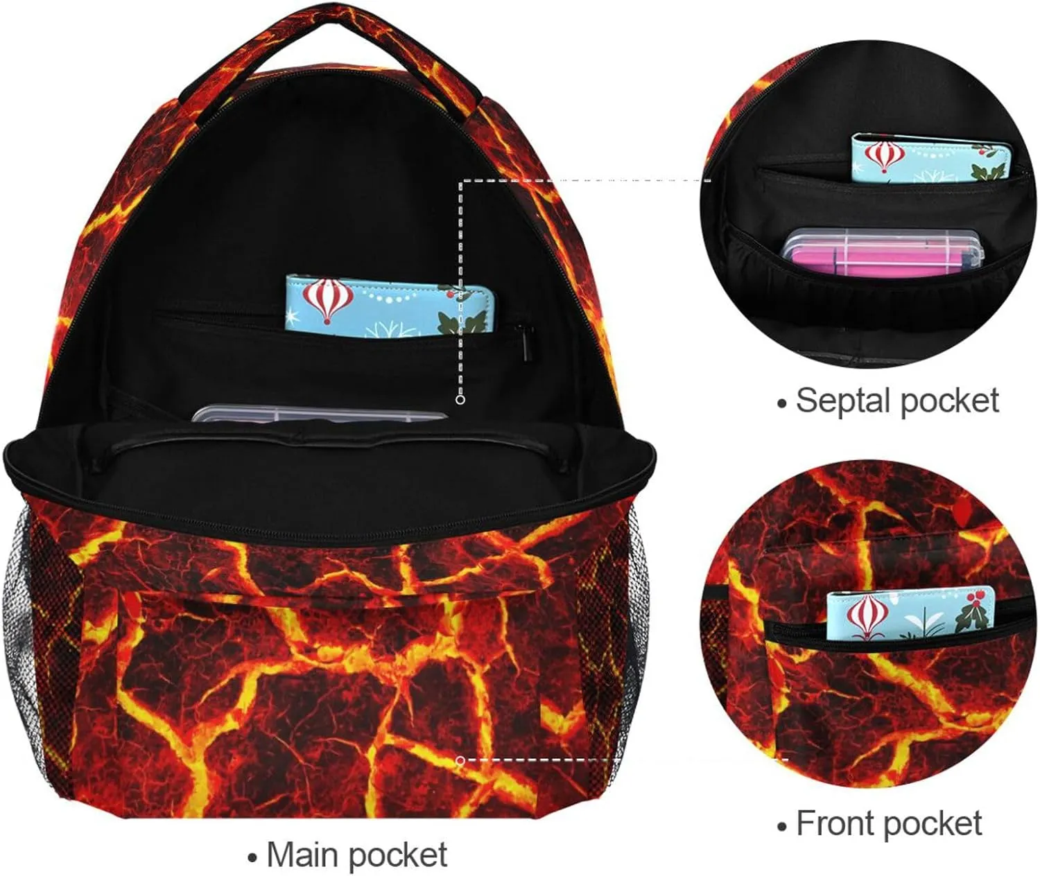Adjustable Shoulder Strap School Bag with Mug Pocket Magma Lava Laptop Bag Printing Backpack