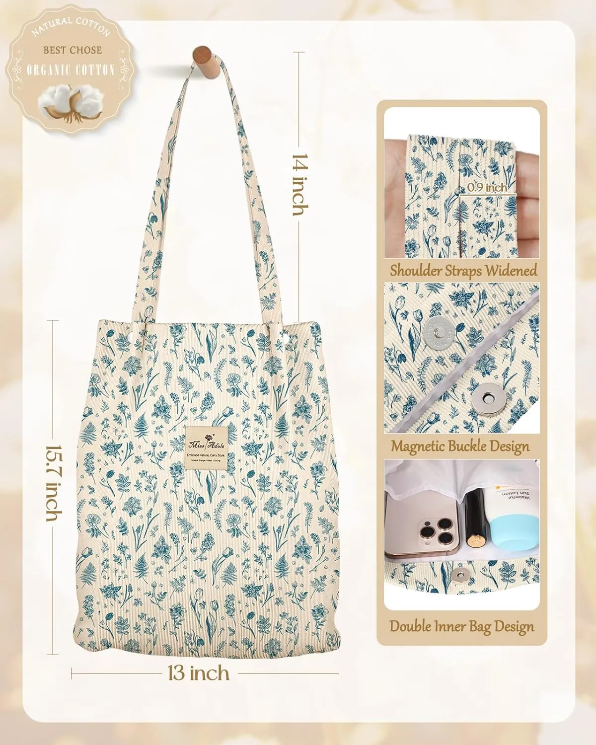 Aesthetic 2 Pack Corduroy Tote Bag - with Makeup Pouch Bag for Women Reusable Grocery Bag for Gym, Travel, Work