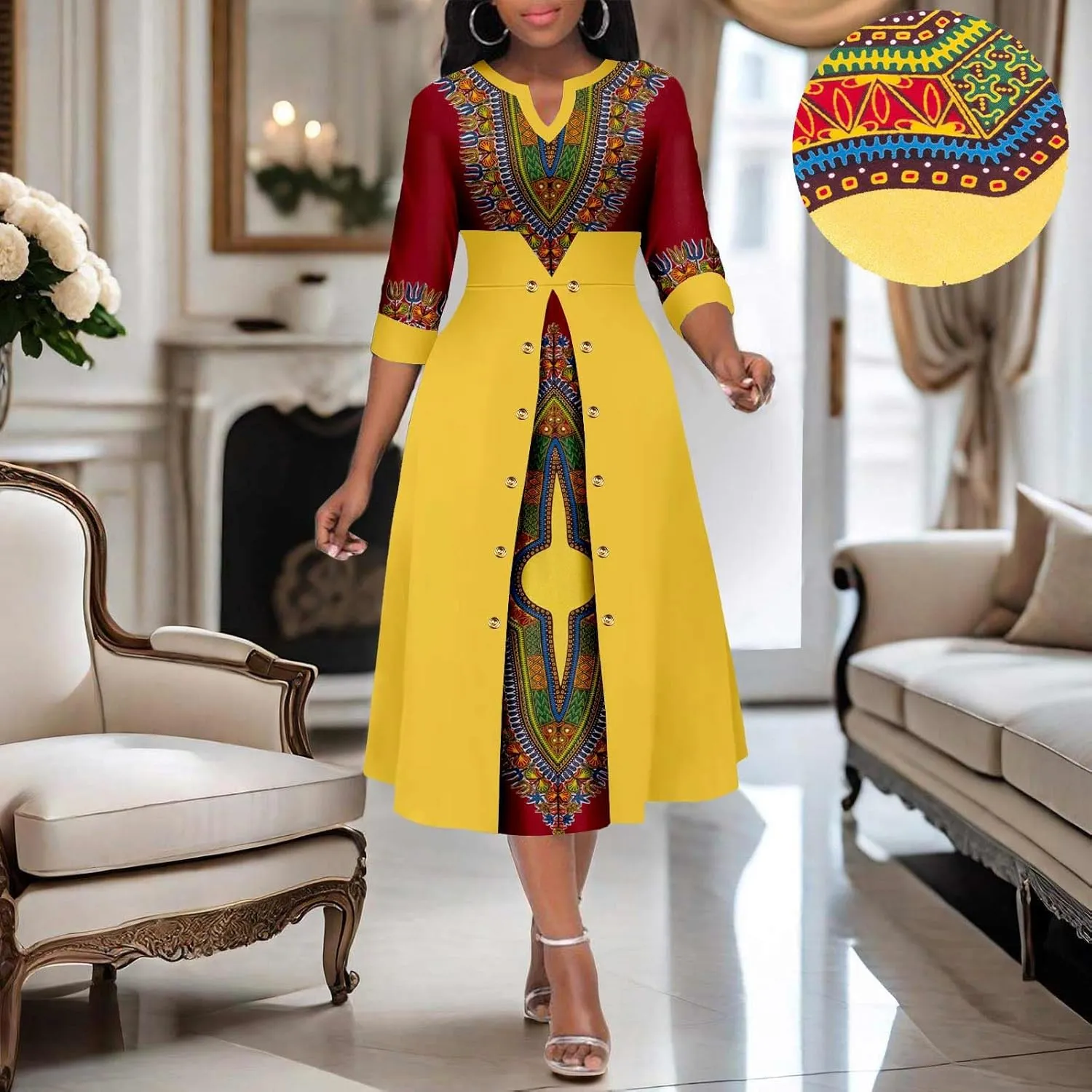 Africa Ankara Printed Fabric Women's Dress V Neck Sexy Double Hem Splicing Clash Color Model Skirt