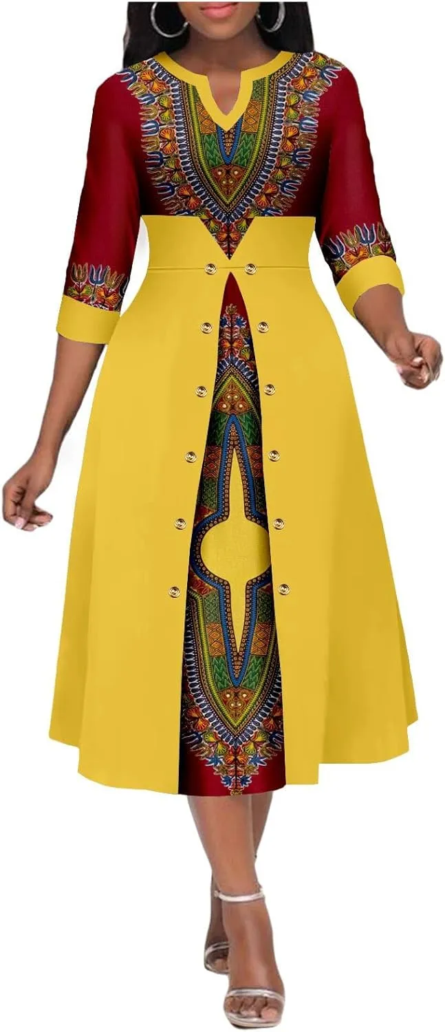 Africa Ankara Printed Fabric Women's Dress V Neck Sexy Double Hem Splicing Clash Color Model Skirt