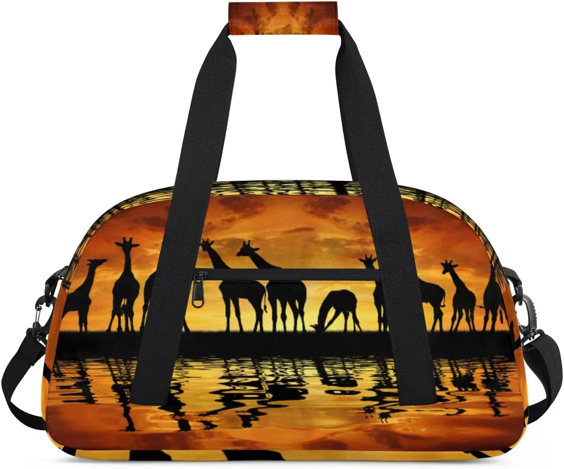 African Giraffe Gym Duffel Bag for Men Women Sunset Sports Tote Bag with Adjustable Shoulder Strap for Dance Gymnastics Traveling Outdoor Camping Overnight Stay