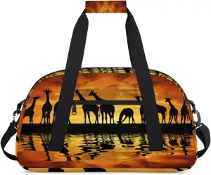 African Giraffe Gym Duffel Bag for Men Women Sunset Sports Tote Bag with Adjustable Shoulder Strap for Dance Gymnastics Traveling Outdoor Camping Overnight Stay