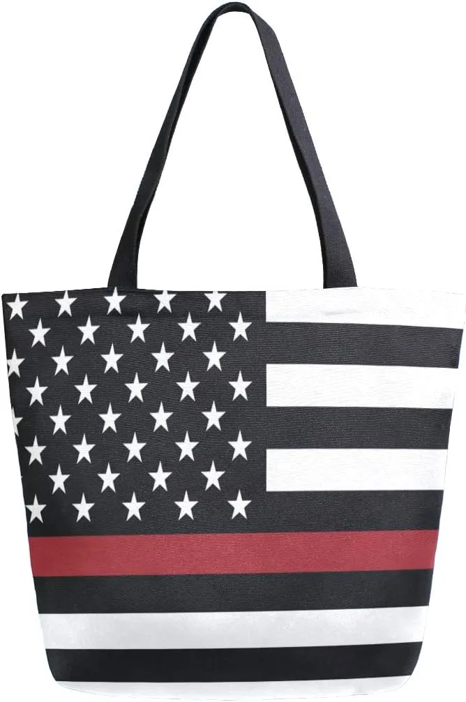 ALAZA America Firefighter Flag Canvas Tote Bag Handbags Shoulder Bags Women