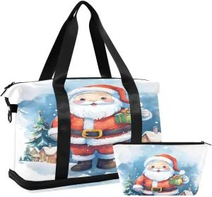 ALAZA Art Santa Cllaus Painting House Pine Tree Duffel Bag with Shoe Compartment Tote Bag Weekender Overnight Bag with Wet Pocket for Travel,Gym,Yoga,Swimming