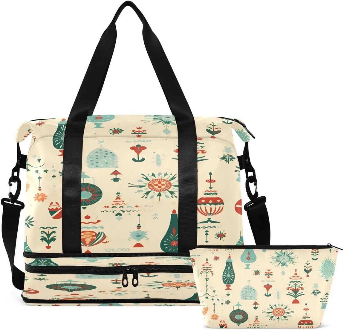 ALAZA Ball Snowflake Pine Tree Merry Christmas Travel Duffel Bag with Shoe Compartment Tote Bag Weekender Overnight Bag with Wet Pocket for Travel,Gym,Yoga,Swimming