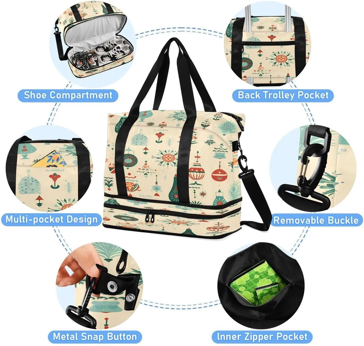 ALAZA Ball Snowflake Pine Tree Merry Christmas Travel Duffel Bag with Shoe Compartment Tote Bag Weekender Overnight Bag with Wet Pocket for Travel,Gym,Yoga,Swimming