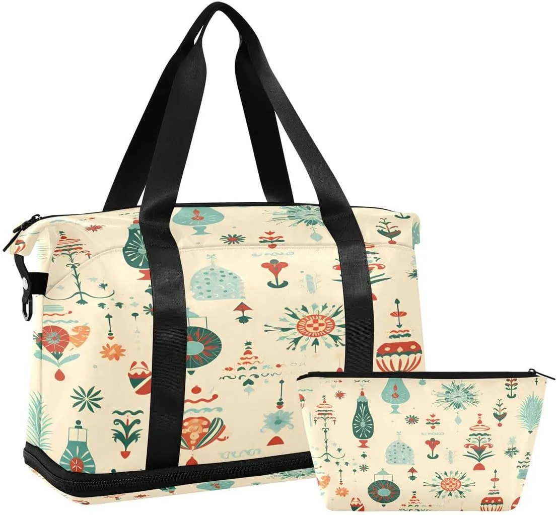 ALAZA Ball Snowflake Pine Tree Merry Christmas Travel Duffel Bag with Shoe Compartment Tote Bag Weekender Overnight Bag with Wet Pocket for Travel,Gym,Yoga,Swimming