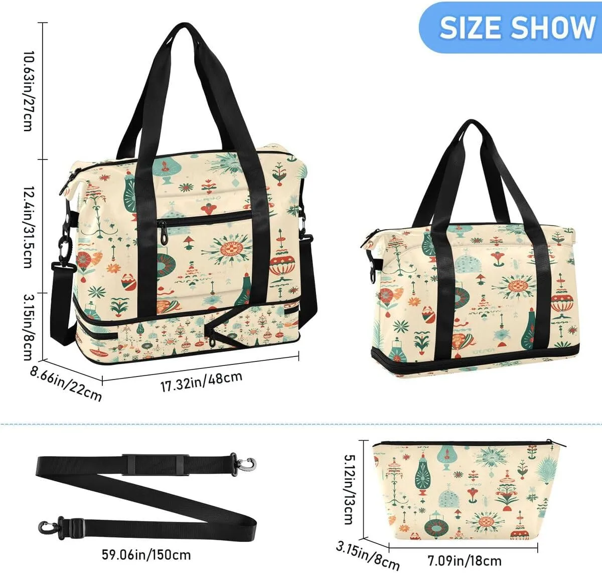 ALAZA Ball Snowflake Pine Tree Merry Christmas Travel Duffel Bag with Shoe Compartment Tote Bag Weekender Overnight Bag with Wet Pocket for Travel,Gym,Yoga,Swimming
