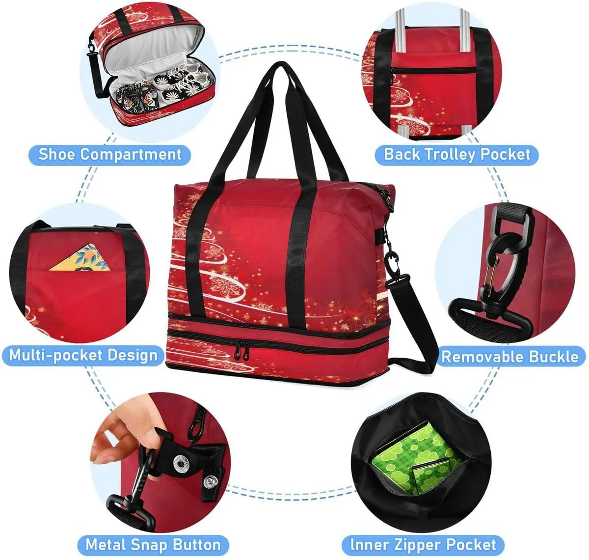 ALAZA Beautiful Christmas Tree Snowflake Travel Duffel Bag with Shoe Compartment Tote Bag Weekender Overnight Bag with Wet Pocket for Travel,Gym,Yoga,Swimming