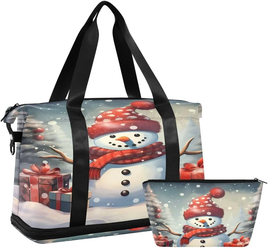 ALAZA Beautiful Snowman Pine Tree Snow Christmas Travel Duffel Bag with Shoe Compartment Tote Bag Weekender Overnight Bag with Wet Pocket for Travel,Gym,Yoga,Swimming