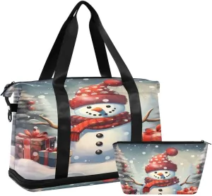 ALAZA Beautiful Snowman Pine Tree Snow Christmas Travel Duffel Bag with Shoe Compartment Tote Bag Weekender Overnight Bag with Wet Pocket for Travel,Gym,Yoga,Swimming