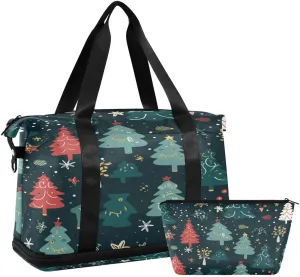 ALAZA Cute Pine Tree Snowflake Green Duffel Bag with Shoe Compartment Tote Bag Weekender Overnight Bag with Wet Pocket for Travel,Gym,Yoga,Swimming