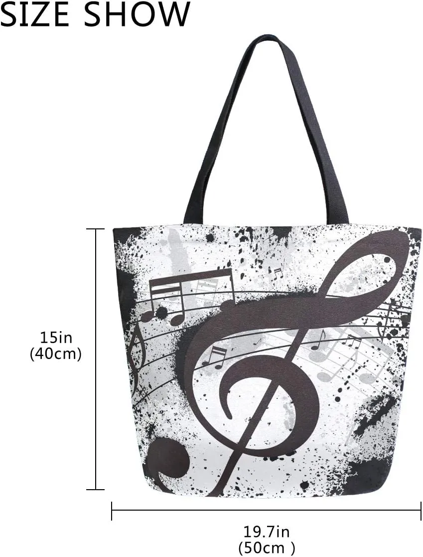 ALAZA Gunge Black Music Notes Canvas Tote Bag Top Handle Purses Large Totes Reusable Handbags Cotton Shoulder Bags for Women Travel Work Shopping Grocery