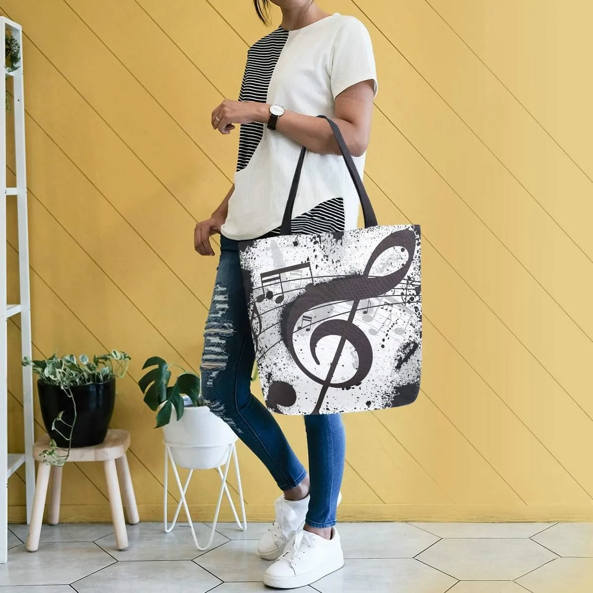 ALAZA Gunge Black Music Notes Canvas Tote Bag Top Handle Purses Large Totes Reusable Handbags Cotton Shoulder Bags for Women Travel Work Shopping Grocery