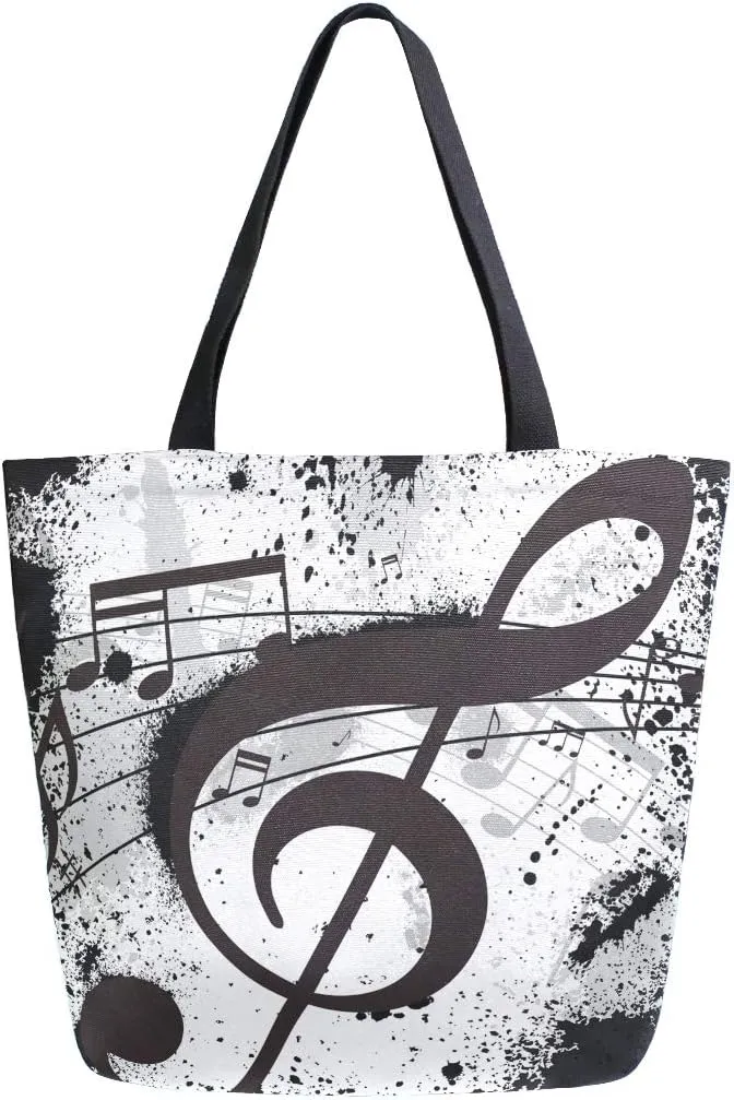 ALAZA Gunge Black Music Notes Canvas Tote Bag Top Handle Purses Large Totes Reusable Handbags Cotton Shoulder Bags for Women Travel Work Shopping Grocery